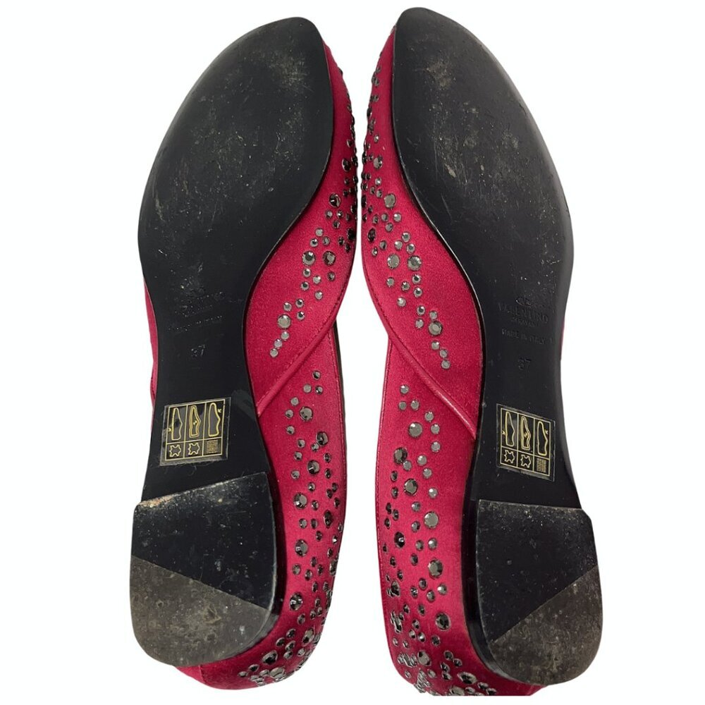 VALENTINO GARAVANI Red Satin Crystal Embellished D’Orsay Ballet Flats EU 37 US 7 - Picture 5 of 12